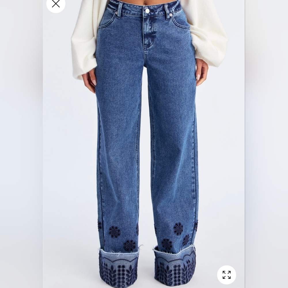 Fashion Nova Dark Blue Floral Wide Leg Jeans